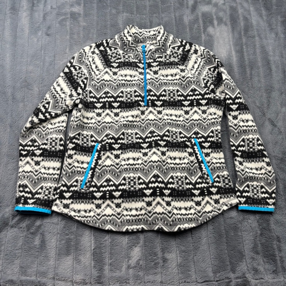 T by Talbots Womens Mp Fleece Pullover Quarter Zip Geometric Fair Isle Black